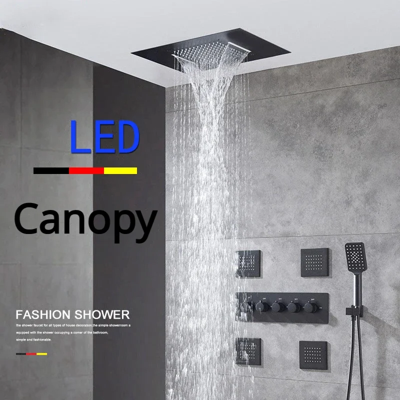 

The all-copper canopy type constant temperature is concealed into the wall waterfall rain shower set