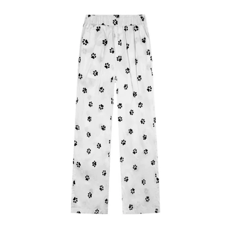 Lazy Spicy Girl Elastic High Waist Loose Casual Wide Leg Pants Women's Patchwork Pocket Dog Paw Cartoon Print Straight Trousers