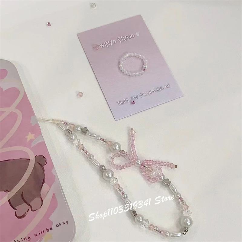 한국어 Y2K 귀여운 3D 핑크 블루 Bowknot 페르시 전화 매력 체인 전화 액세서리 전화 스트랩 Anti-Lost Lanyard 교수형 밧줄