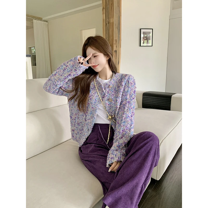

GUUZYUVIZ Sweet Dopamine Purple Knitted Cardigan Coat Women's Autumn Sweater Loose Top