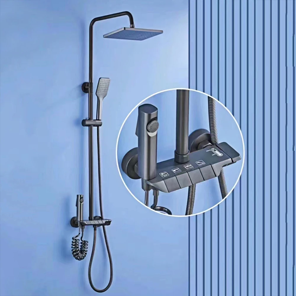 

Black Gun Gray Copper Piano Shower Set 4 Functions Rainfall Shower Head Bathroom Shower System With Temperature