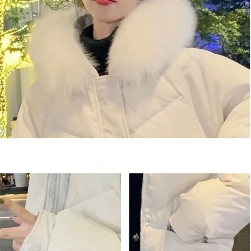 New Women White Duck Down Jacket Winter Coat Female Warm Thick Parkas Short Loose Outwear Artificial Fur Collar Hooded Overcoat