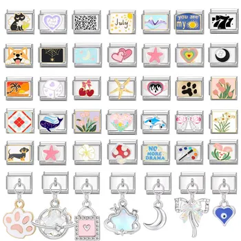 Fashion Flowers Devil Eyes Heart Butterfly Cherry Italian Charm Links Stainless Steel Fit 9mm Bracelet Jewelry DIY Making Gifts 1