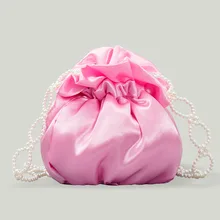 

Spring Silk Fashion Crossbody Bags for Women Beading Pearl Cute Ladies Shoulder Bag Bucket Ruched Female Clutch Girls Purses New