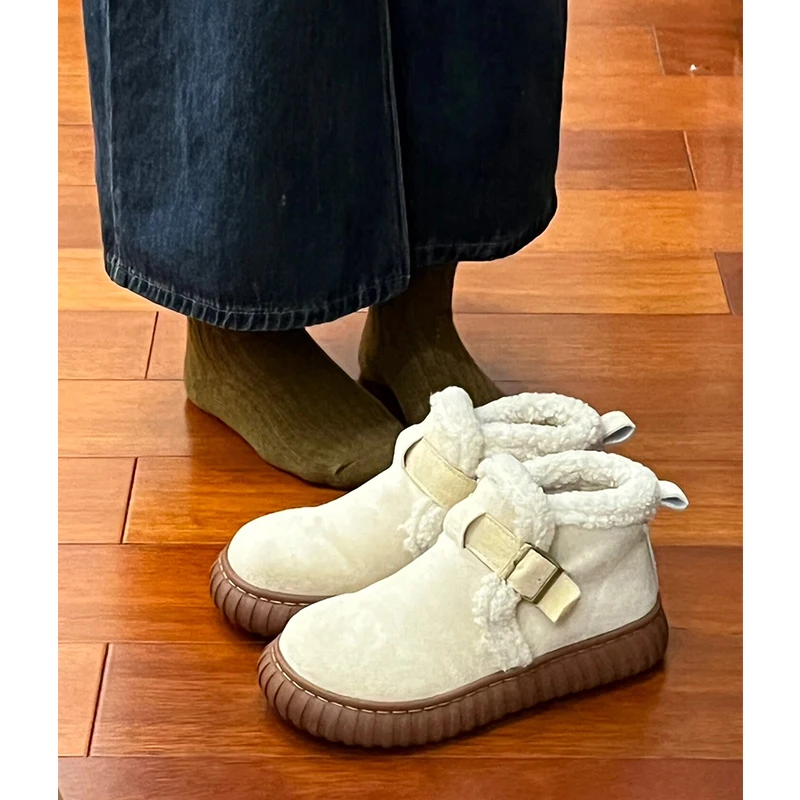 

Женские ботинки с круглым носком, Женские Австралийские зимние ботинки на плоской подошве, плюшевая обувь 2023, кожаная резиновая обувь в Стиле Лолита для снега