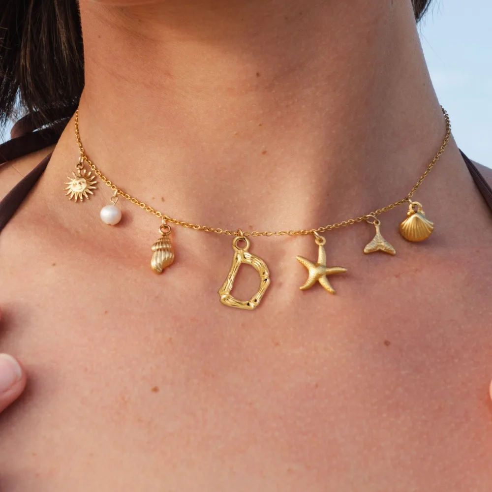 Boho Cute Star Conch Seashell Shells Small Pendant Exquisite Initial Alphabet Clavicle Choker Necklace Gold Plated Jewelry Gifts