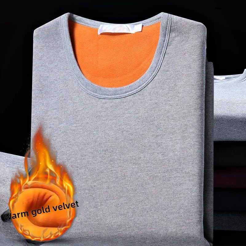 Men's Thermal Underwear Long Sleeve Fleece Lined Thickened Autumn Winter Clothes Warm Inner Wear Cotton Wool Shirt