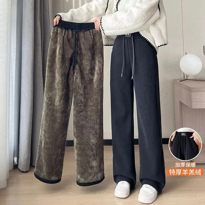 Warm Lambswool Straight Pants Women Corduroy Thickened Loose Wide Leg Pants Fashion Casual Elastic High Waist Fleece Trousers