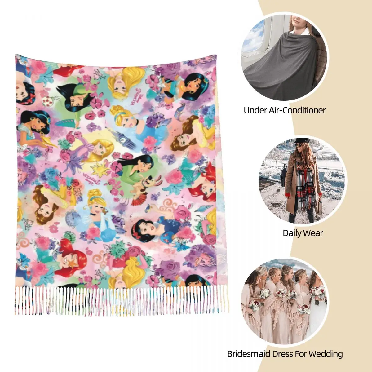 Princess Snow White Ariel Elsa Shawls Wraps for Women Winter Large Soft Scarf Belle Aurora Rapunzel Pashmina Shawl Scarves 3