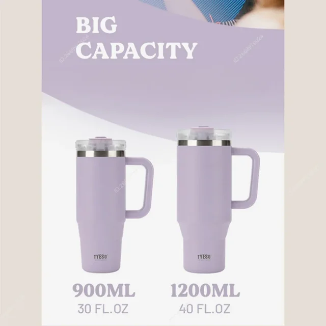 Tyeso 900/1200ML Tumbler Bottle Stainless Steel Car Mug With Handle Straw Thermal Iced Travel Vacuum Insulated Coffee Hot Cup 6