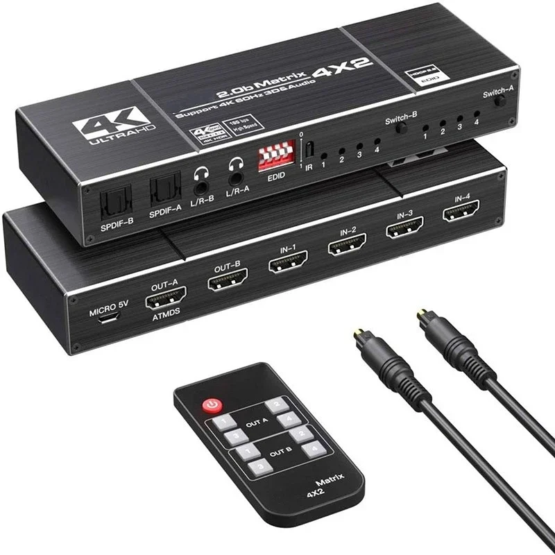 HDMI-매트릭스 4x2 스위치 스플리터 지지대, HDCP 2.2 IR 리모컨 스위치, 4x2 Spdif 4K 4x2 매트릭스 스위치, 4K60Hz