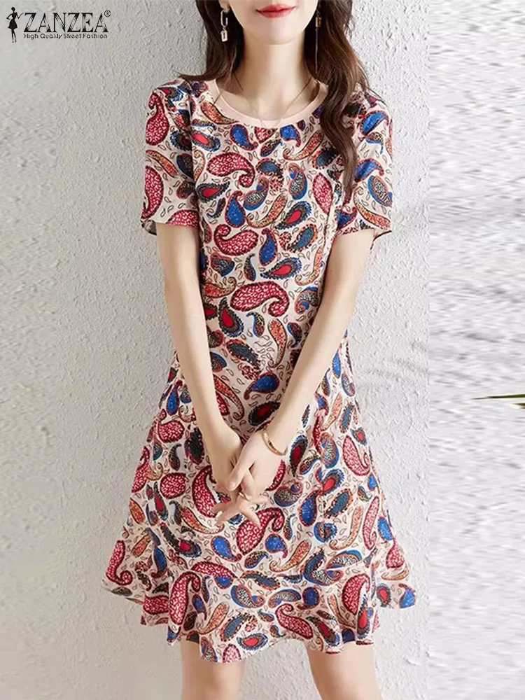 

Платье ZANZEA женское винтажное до колен, праздничный Повседневный пляжный сарафан в богемном стиле с коротким рукавом и цветочным принтом, на лето