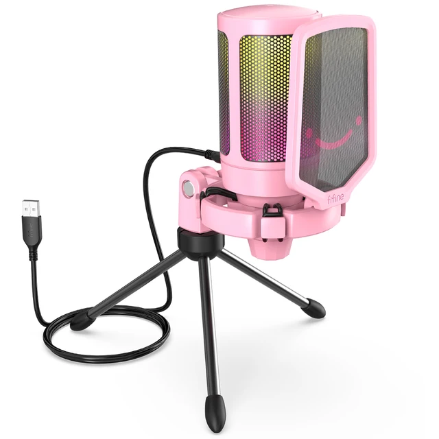 FIFINE Ampligame USB Microphone for Gaming Streaming with Pop Filter Shock Mount&Gain Control,Condenser Mic for Laptop/Computer pink
