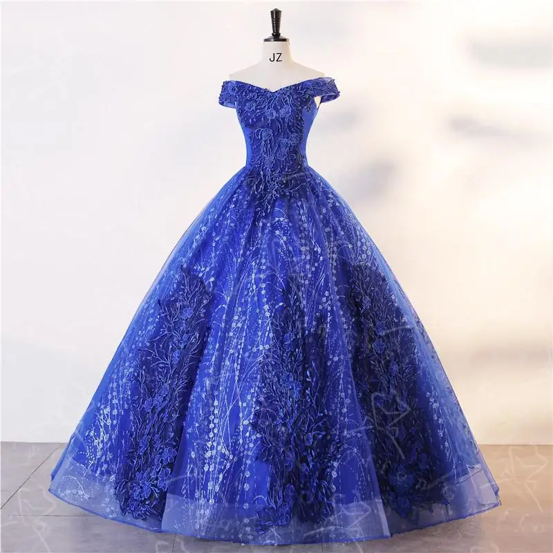 Off The Shoulder Pearls Blue Quinceanera Abiti Sweet Floral Lace Appliqued Luxury Ball Gown Classic Boho Vestidos For Girls