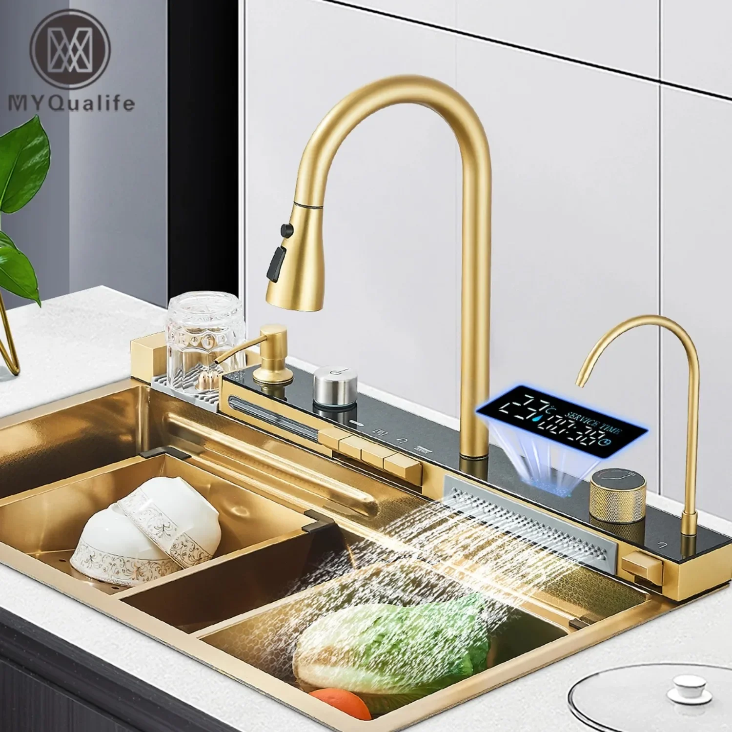 29.5" Gold Smart digital display waterfall sink, 304 Stainless Steel Modern kitchen sink with 5 Water Outlet Modes