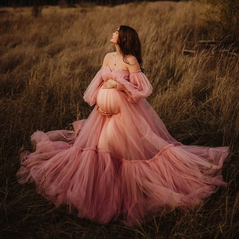 女性のためのピンクのマタニティドレス新生児のための完全な袖の衣装カスタムメイドのベビーシャワープロム