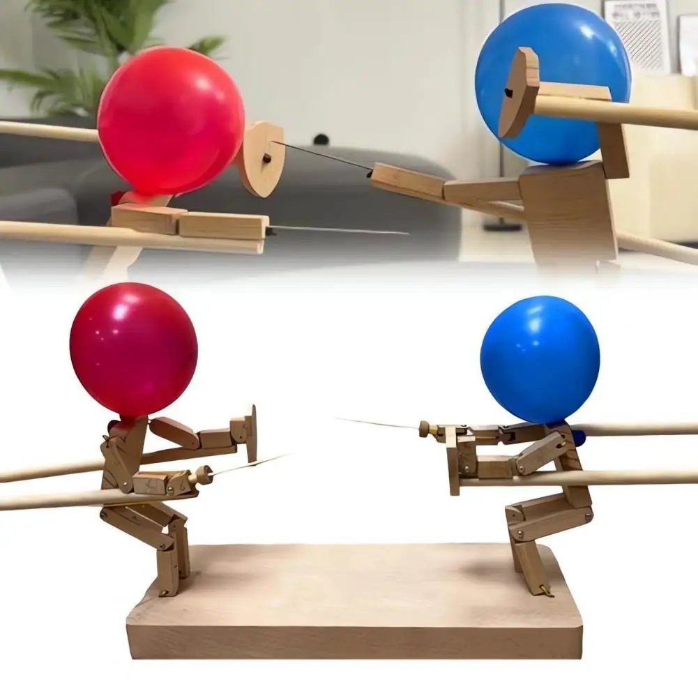 

2024 New Handmade Wooden Fencing Puppets, Wooden Bots Battle Game for 2 Players，Fast-Paced Balloon Fight, Whack a Balloon Party