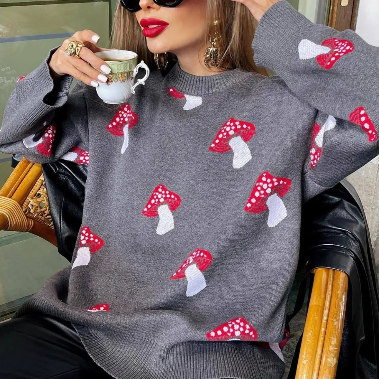 

Minority Design Mushroom Jacquard Sweater Women Autumn Loose Contrast Pullover Sweater Coat