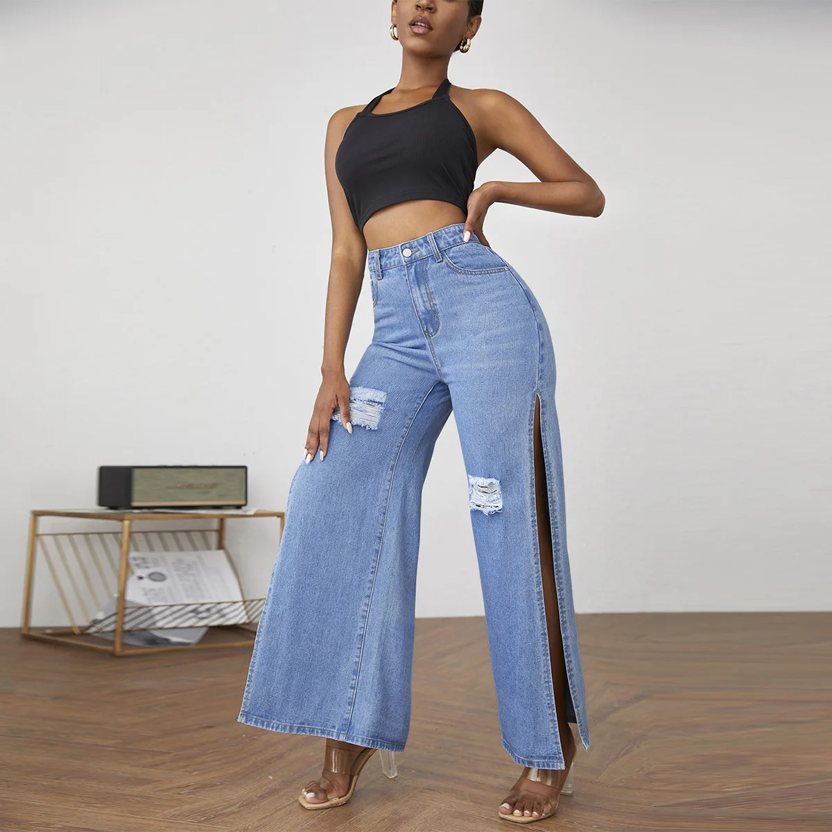 

Женские джинсы с широкими штанинами, мешковатые джинсы с высокой талией и разрезом по бокам, свободные джинсы, уличная одежда y2k