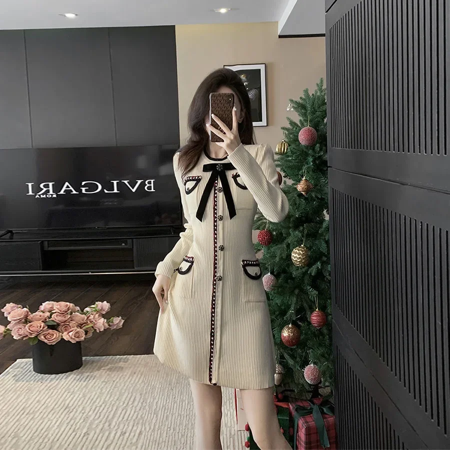 French style autumn and winter bow long sleeved knitted slim fit dress A-line skirt
