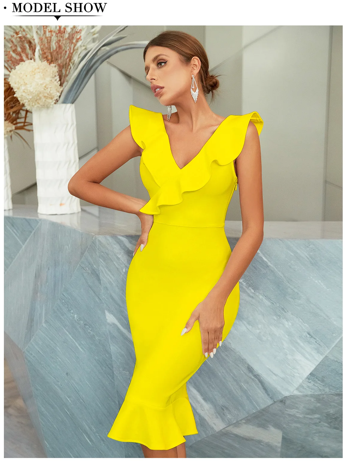 

New Summer Women Body con Bandage Sexy Ruffles Butter Fly Sleeve Trumpet Club Celebrity Evening Runway Party Mid-Calf Dress