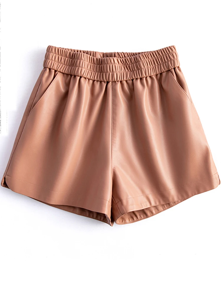 New 2024 Real Leather Shorts for Women Wide Leg Short Women Genuine Sheepskin Leather Pants High Waist Black Shorts Ropa Mujer 2