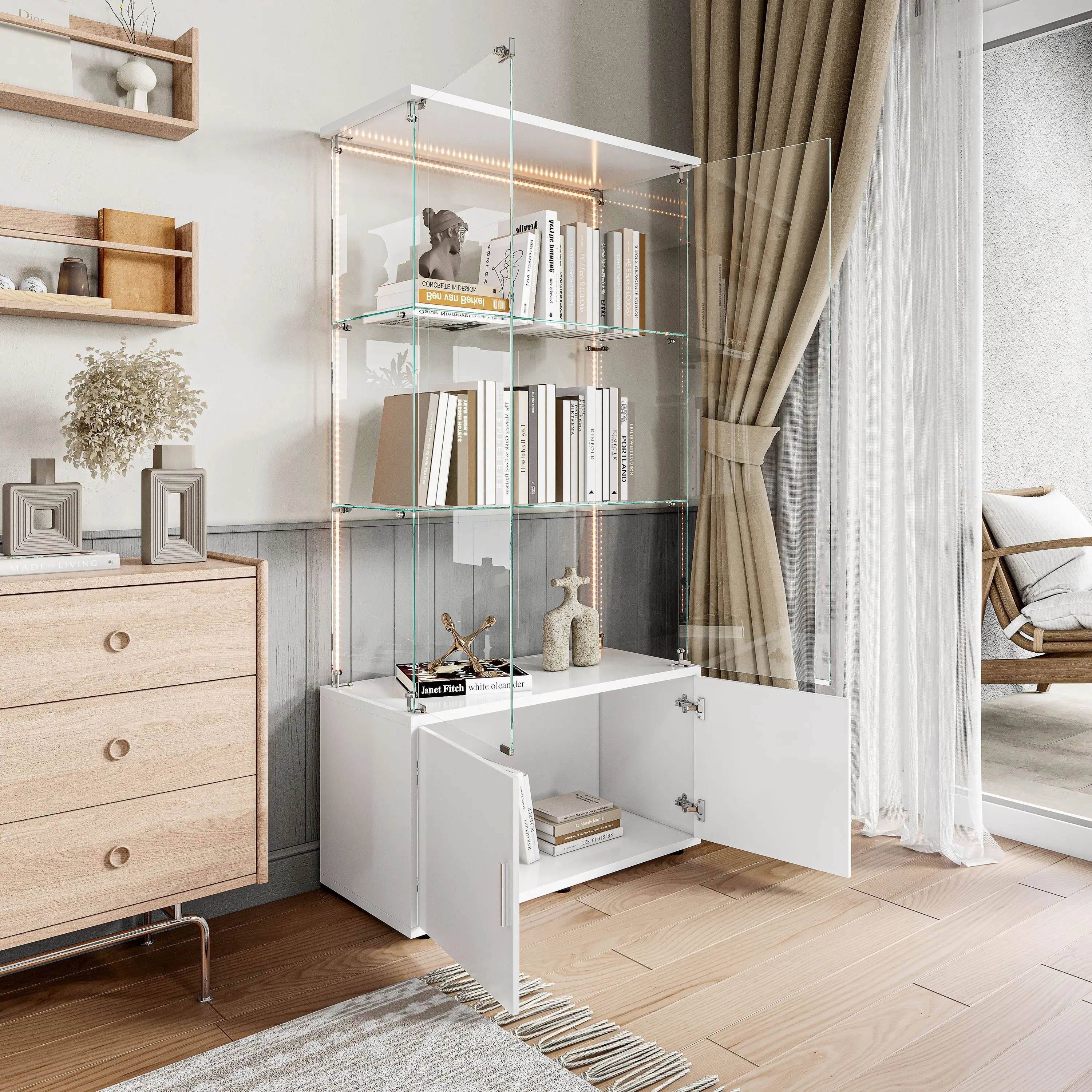 Rosahqnda Glasvitrine mit LED-Beleuchtung, 4 Ebenen & 2 abschließbare Türen, moderner Holzschrank für Sammlervitrinen – Detail 26