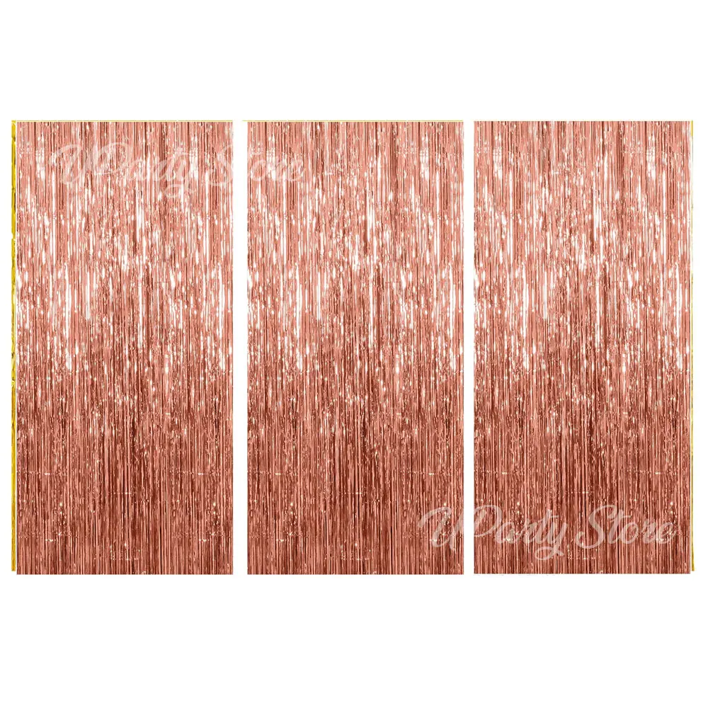 Silver Foil Fringe Curtains - Set of 3, Metallic Rose Gold Tinsel Streamers for Celebrations and Events Backdrop Decor