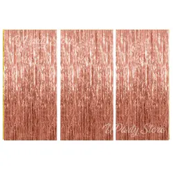 Silver Foil Fringe Curtains - Set of 3, Metallic Rose Gold Tinsel Streamers for Celebrations and Events Backdrop Decor (Rose Gold)