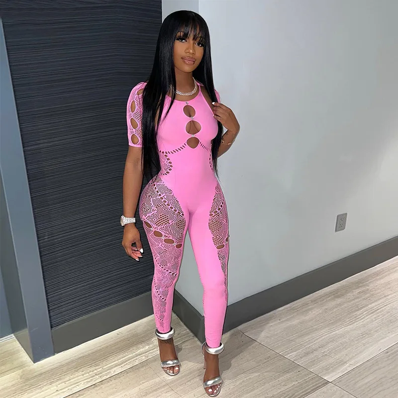 

Summer Outfits Streetwear Jumpsuits Women Short Sleeve Bodycon Rompers Jumpsuit Skinny Pink Mesh See Though One-piece Overalls