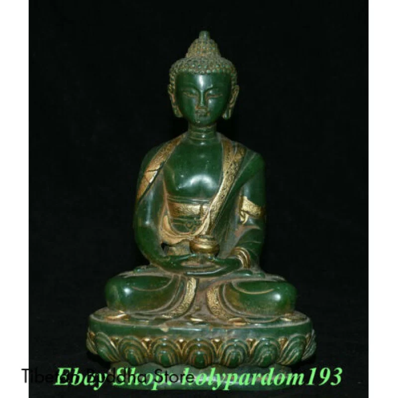 

8" Old Chinese Old Green Jade Jadeite Carved Shakyamuni Amitabha Buddha Statue
