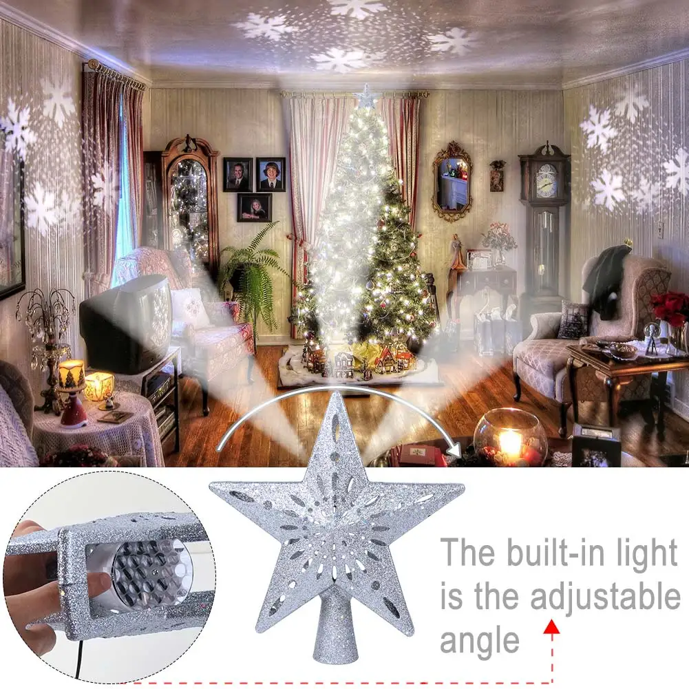 Christmas Star Decoration Christmas Tree Topper Lighted Star Tree Topper with Rotating Snowflake Projector Lights Glitter Hollow Star