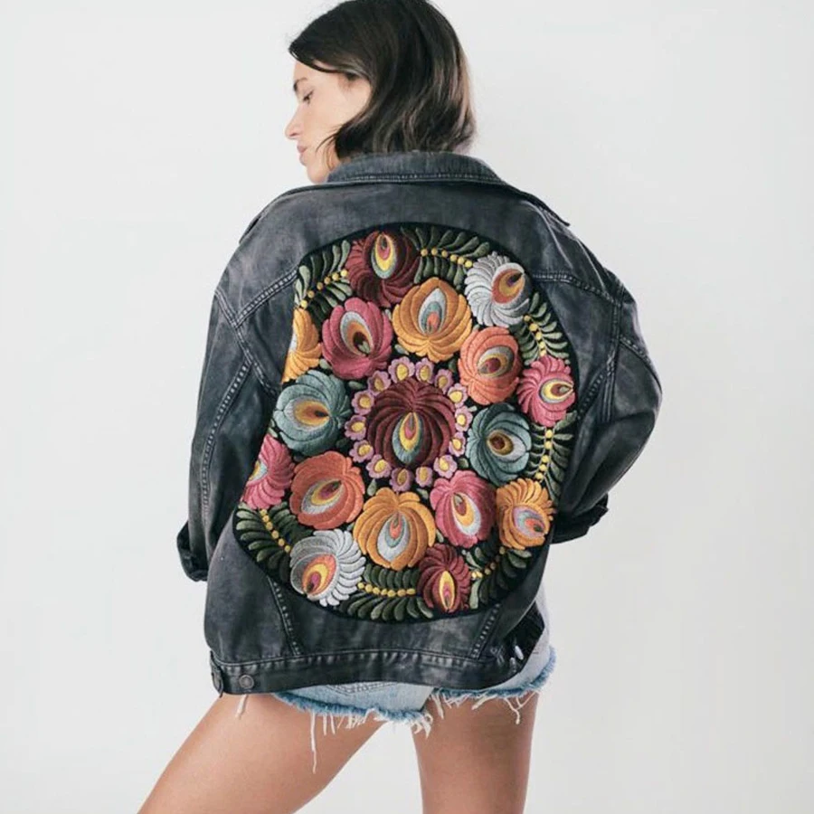 

AYUALIN Vintage Coat Long Sleeve Outerwear Jacket Autumn 2022 Casual Floral Appliques Embroidery Denim Female Jackets Coatee