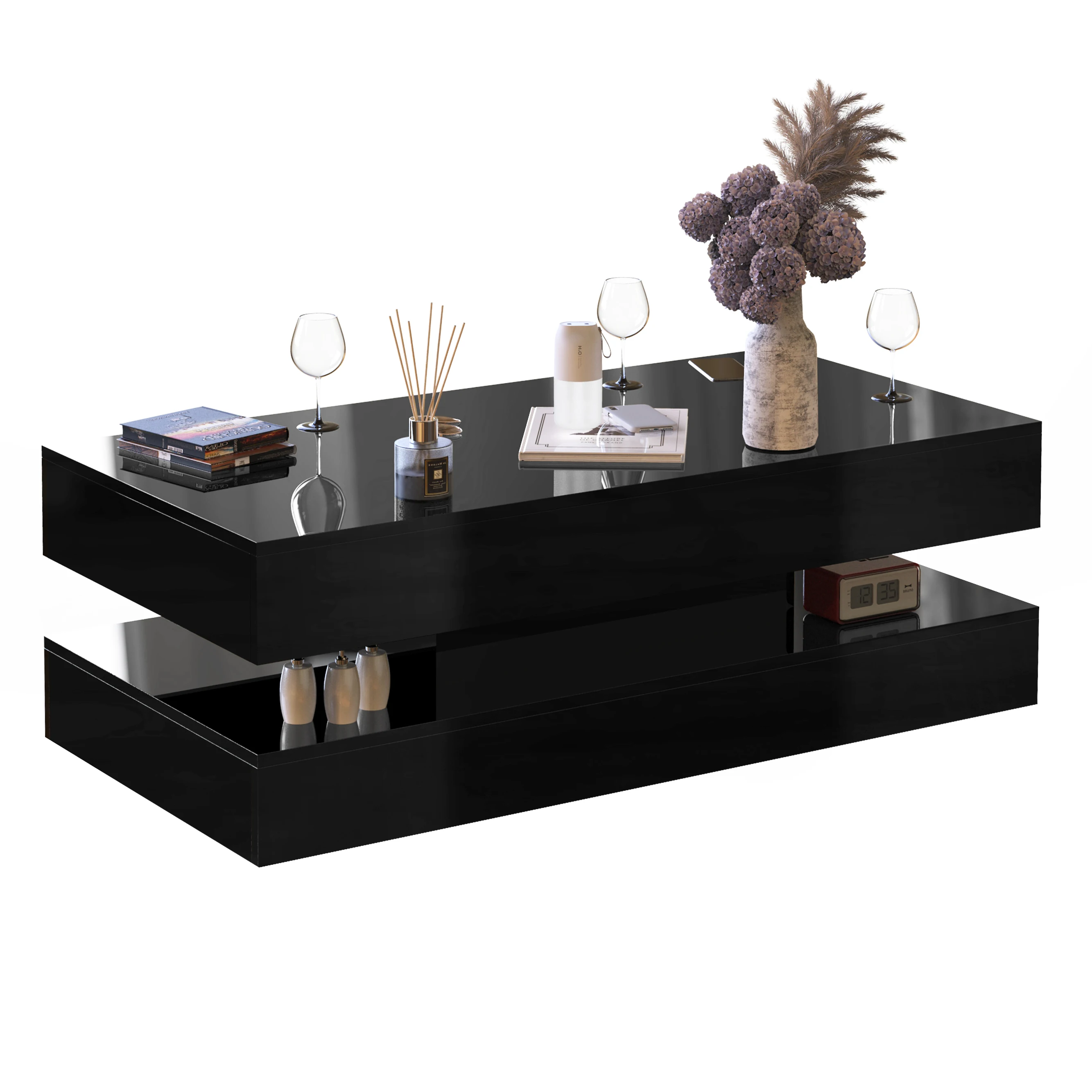 2 Tiers LED Coffee Table with 2 Storage Drawers, Modern High Gloss Rectangle Center Table with 20 Colors LED Lights, APP Control
