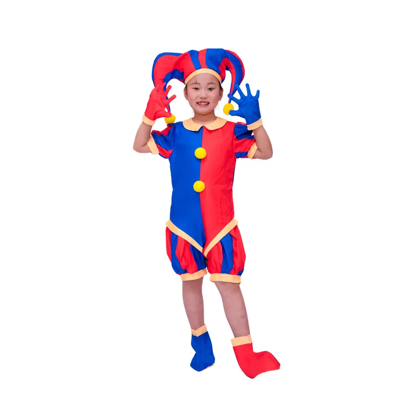 

2024 New Amazing Digital Circus Pomni Cosplay Kids Jumpsuit Attached Hat Gloves Outfits Pomni Role-playing for Adult Girls Gifts