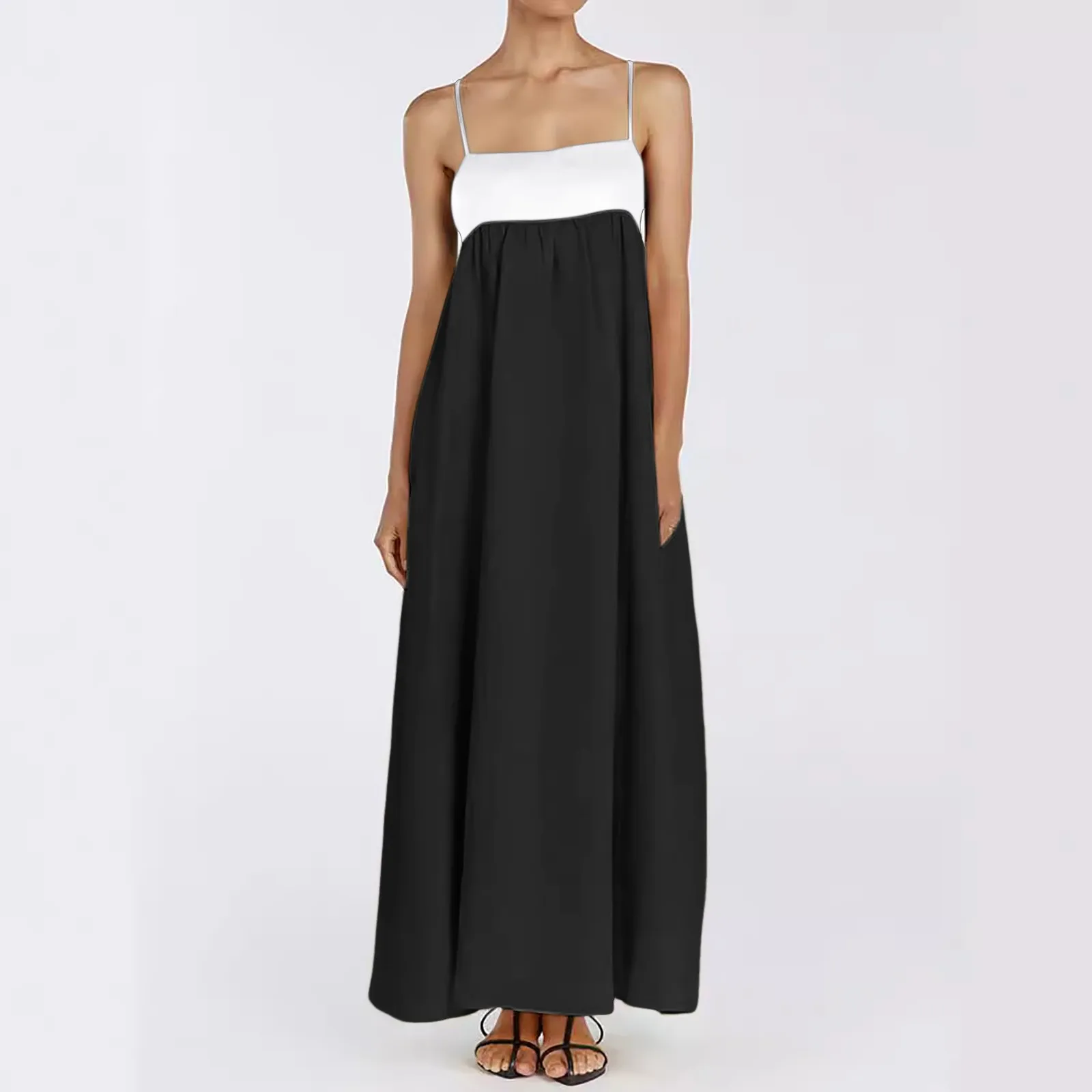 

Elegant Womens Maxi Dress Contrast Trim Spaghetti Straps Summer Long Dresses Sleeveless Female Holiday Sundresses