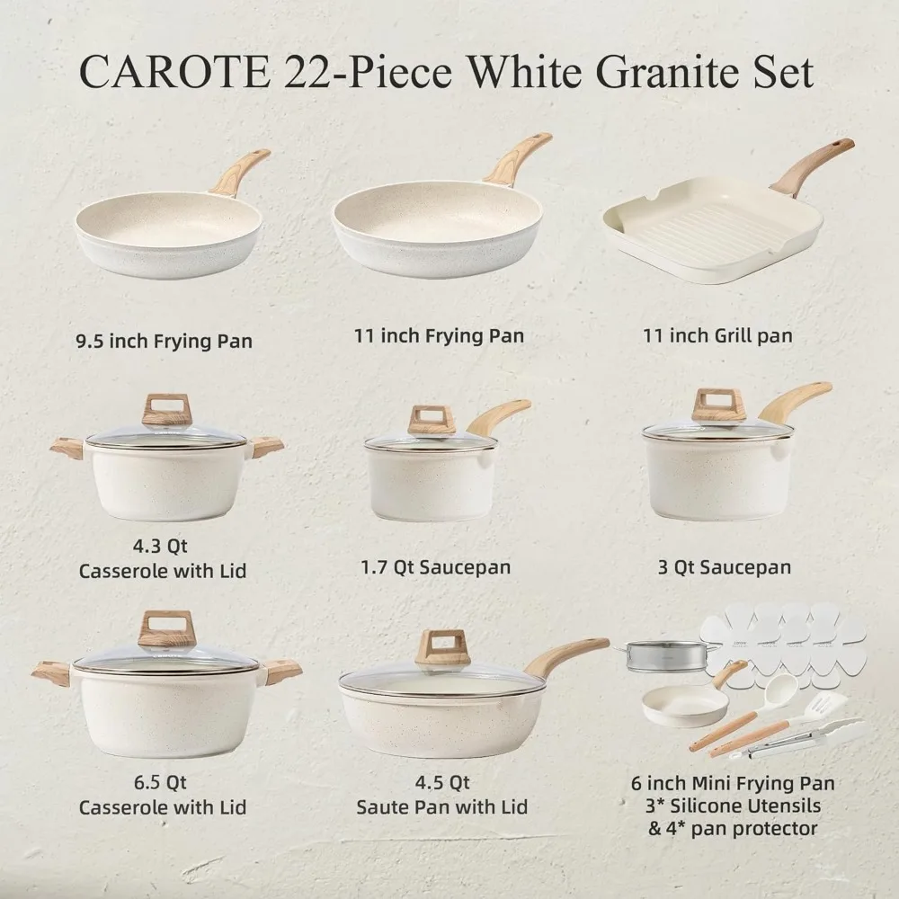 22pcs Pots and Pans Set Nonstick, Cookware Set White Granite Induction Kitchen Cooking Set w/Frying Pans & Saucepans& Grill Pan