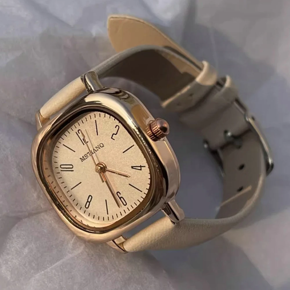 MAYZHISU Luxury Women's Watches Lady Round Ladies Bracelet Female Watch Leather Thin Retro Quartz Wristwatch for Women Girl Gift