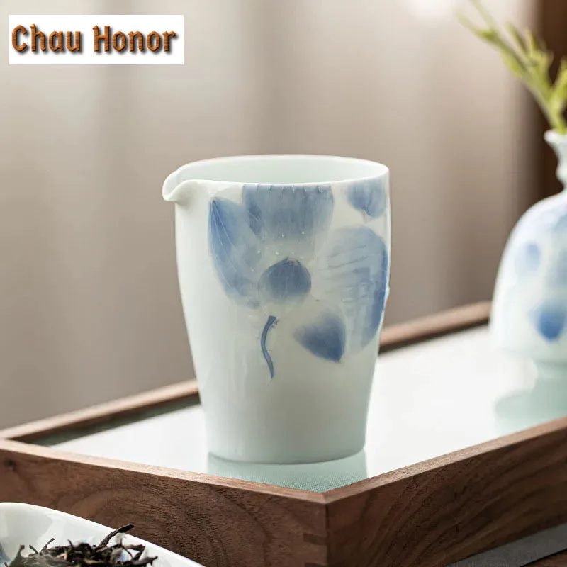 255ml Jade Mud Misty Blue Ceramic Fair Cup Engrave Lotus Art Public Cup Jade Porcelain Divide Chahai Household Kung Fu Teaware