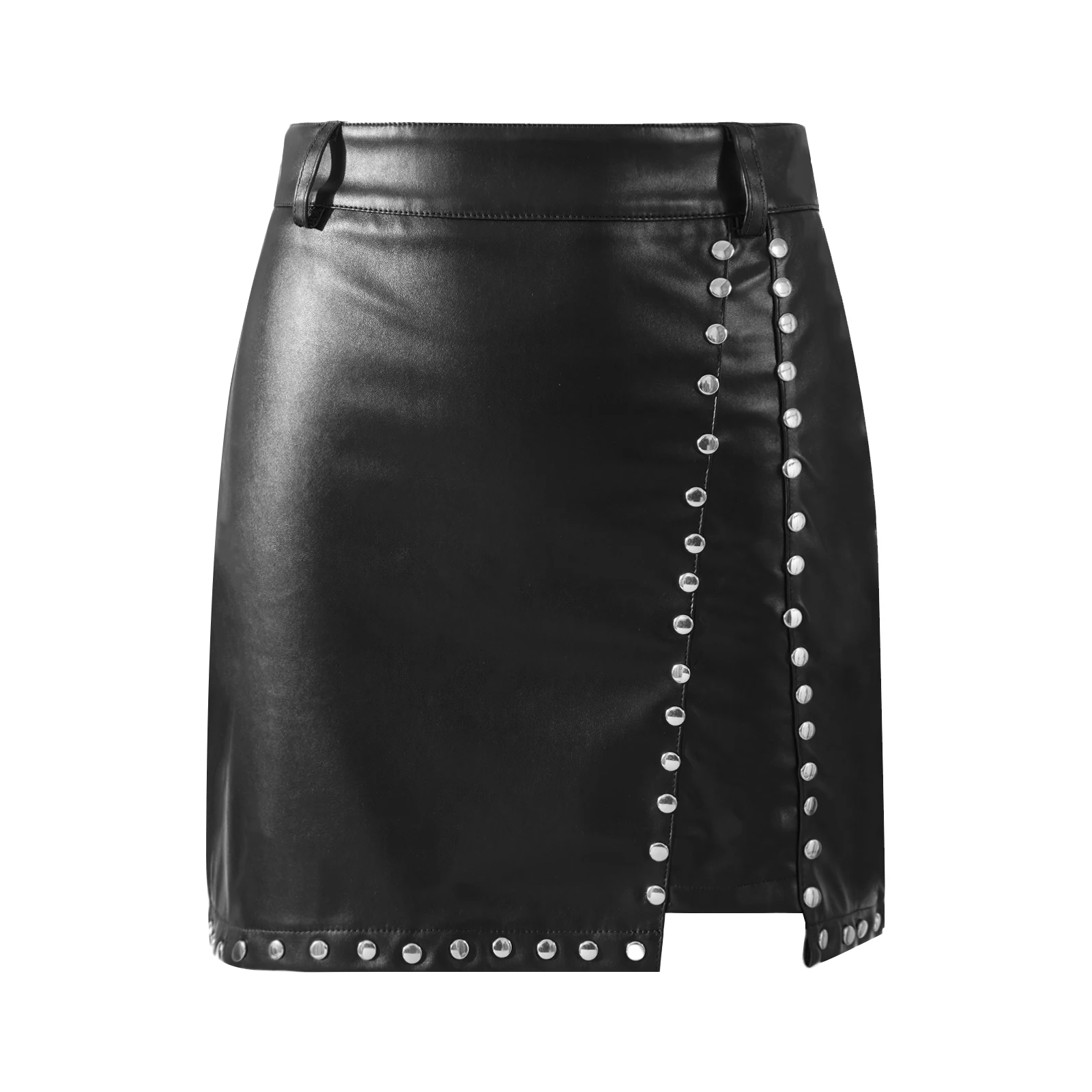 Elegant Fashion Rivets PU Leather Skirts Women Bodycon Mini Pencil