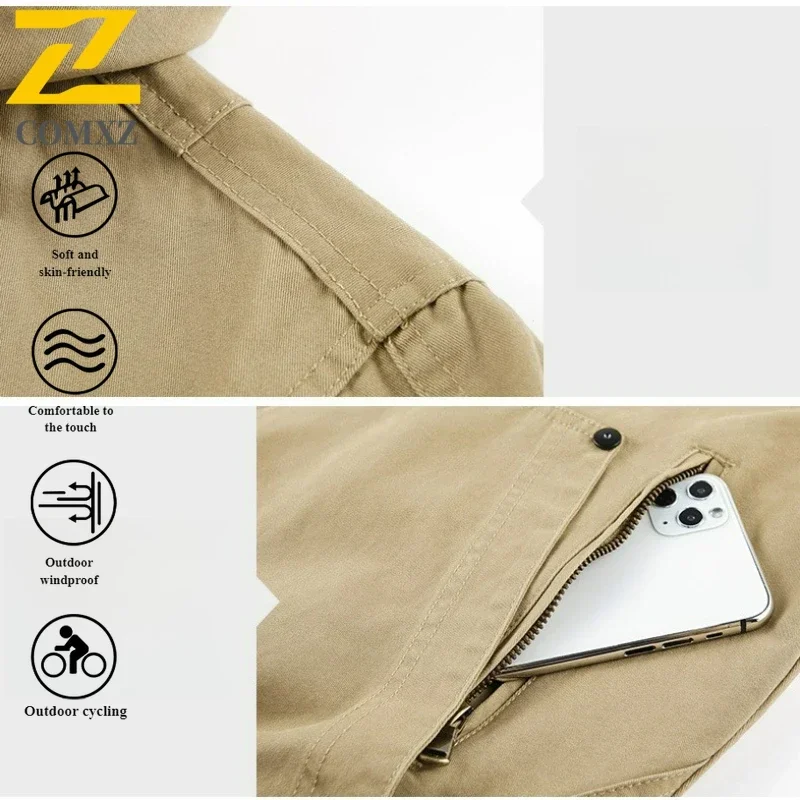 EiAO Autumn Work Jacket Men's Trendy Retro Pure Cotton Detachable Cap Windproof Jackets Male Travel Camping  Loose Flying Coat