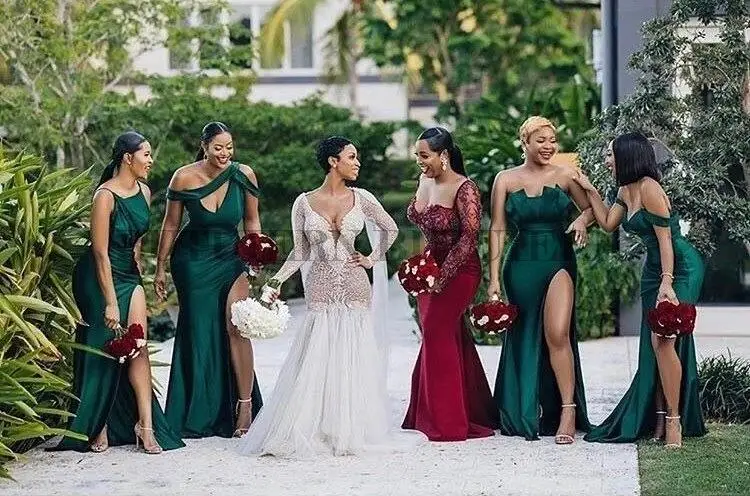 Green Satin Bridesmaid Dresses for Women Elegant Wedding Party Dress Mermaid Side Split Bridesmaids Woman Formal Gowns