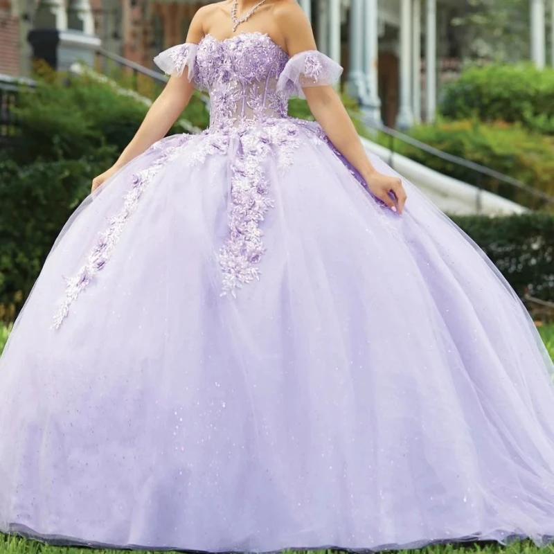 

Lilac Sweetheart Quinceanera Dresses Off the Shoulder Applique Lace Beads Mexican XV Girls Pageant Gowns vestidos de 15 años