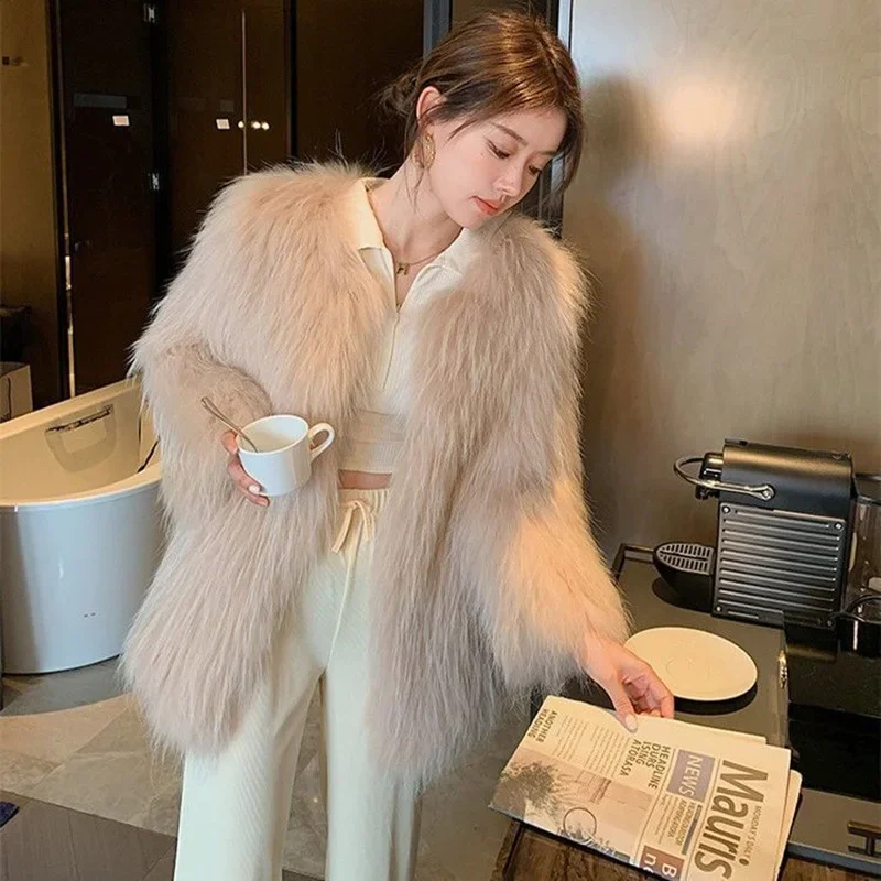 Fashion Solid Color Round Neck Long Sleeve Women's Fake Fur Coat Autumn Winter Imitation Fox Fur Temperament Mid-Length Coat
