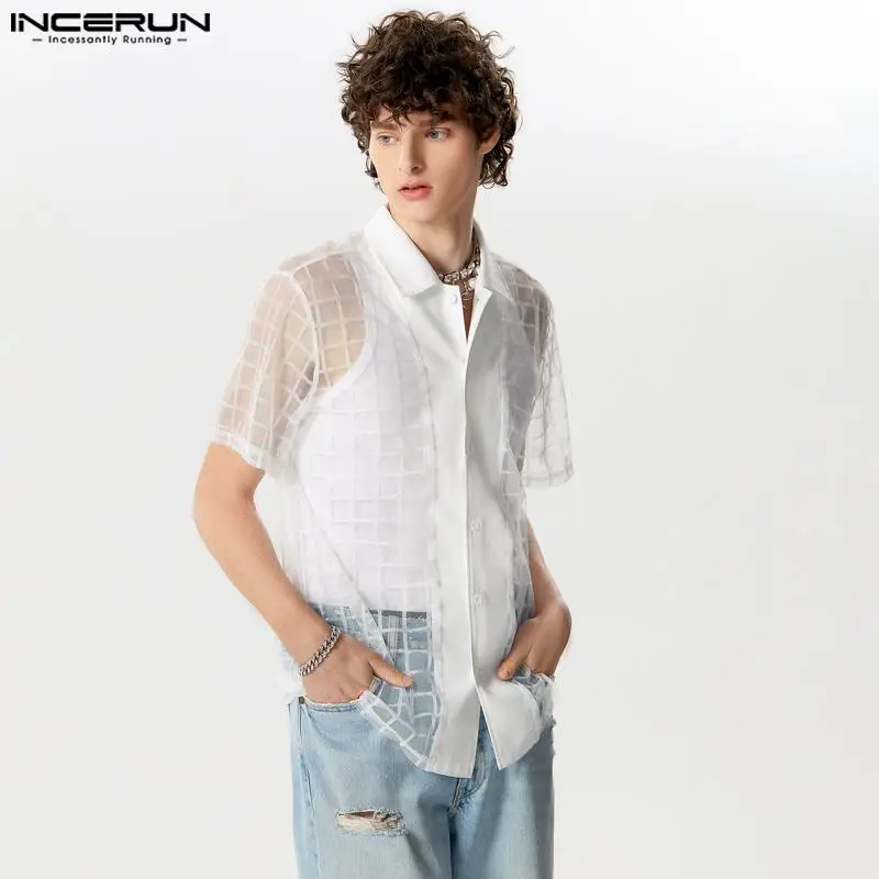 

INCERUN Tops 2024 American Style Sexy New Mens Checkered Mesh Perspective Shirts Casual Hot Sale Thin Short Sleeved Blouse S-5XL