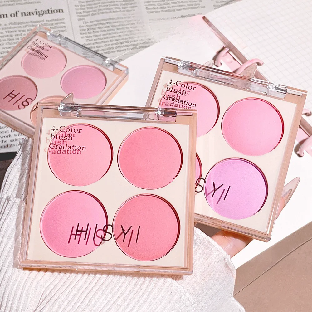 4-color matte blush powder peach pink coral blush Korean low saturation soft fog blush lighten create three-dimensional