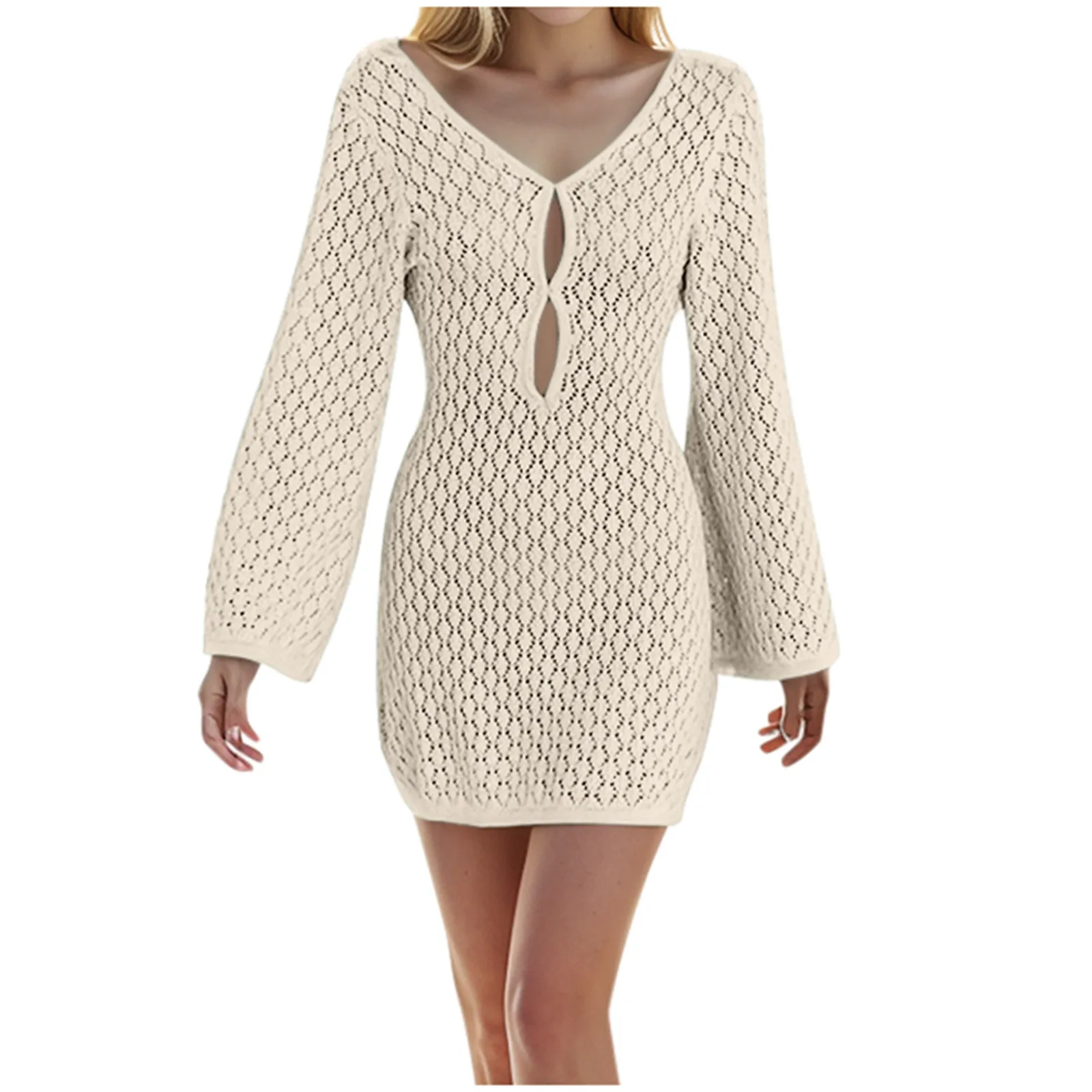 

Женское пляжное мини-платье с V-образным вырезом и длинным рукавом