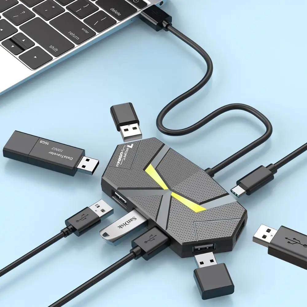 4/7 Ports USB Docking Station Type C Colorful Light USB Splitter Adapter Stabilize PD Power Supply 3.0 HUB Splitter