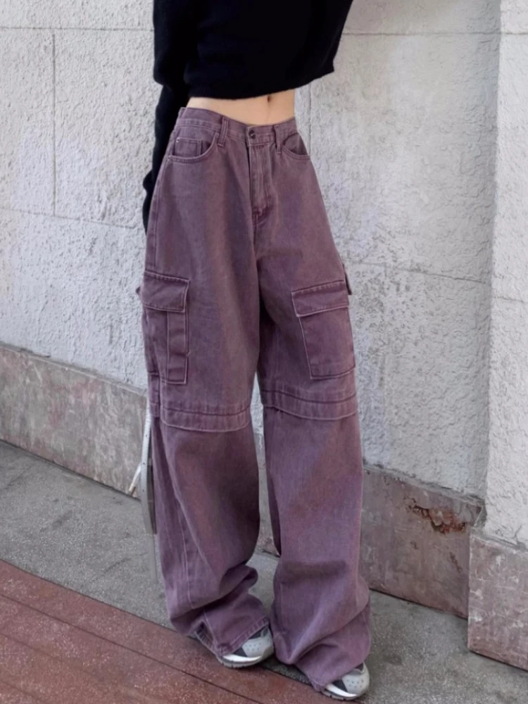 QWEEK Y2K Vintage Purple Cargo Jeans Women Streetwear Retro Baggy Denim Pants Oversized Korean Fashion Pockets Wide Leg Trousers