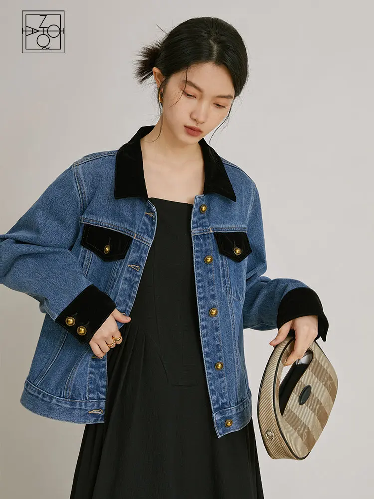 

ZIQIAO High Street Style Retro Denim Jacket for Female Spring Autumn New Temperament Ladies Casual Top Loose Denim Coat Women
